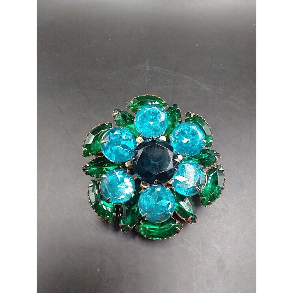 Vintage Glass Flower Brooch Layered Dark Emerald Green & Teal Blue B4